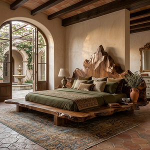 Handcrafted Solid Wood Platform Bed with Natural Live Edge and Sculptural Headboard