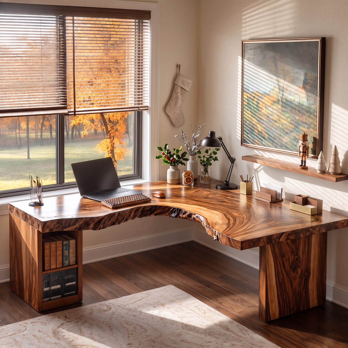 Live Edge Solid Wood L Shaped Desk with Built In Bookshelf Storage