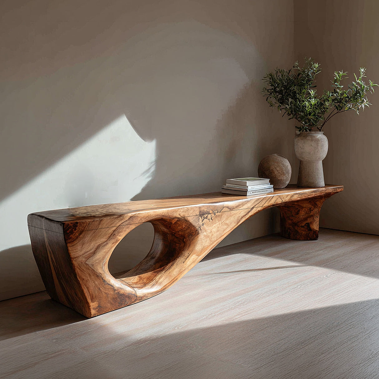 Organic Solid Wood Statement Bench for Modern Entryway & Living Room