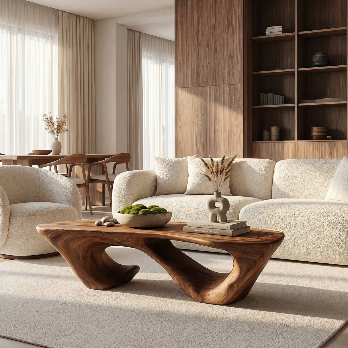 Solid Wood Coffee Table with Double Hollow Sculptural Base for Living Room
