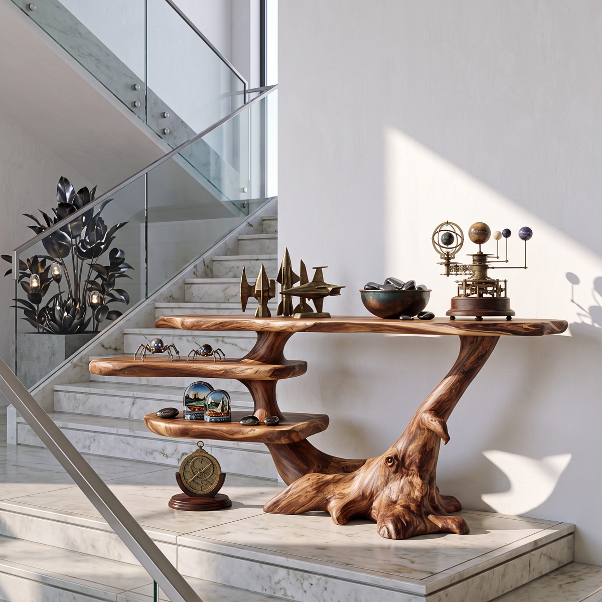 Handcrafted Solid Wood Console Table with Asymmetrical Shelves and Branching Base