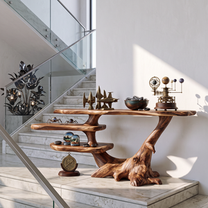 Handcrafted Solid Wood Console Table with Asymmetrical Shelves and Branching Base