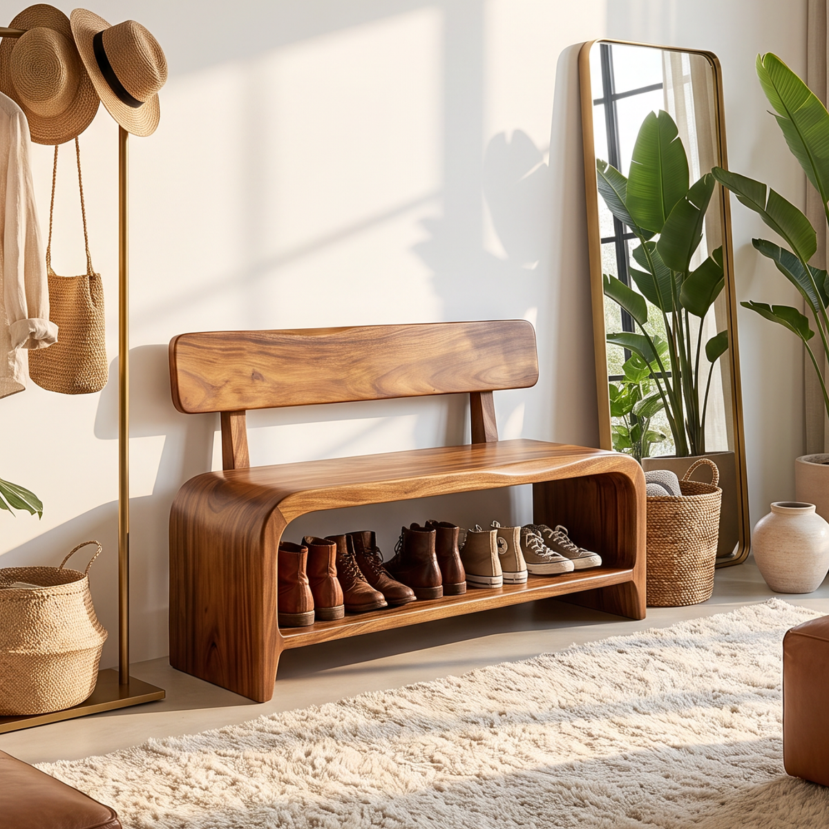 Shoe Bench Solid Wood with Backrest and Open Shoe Shelf for Entryway Storage