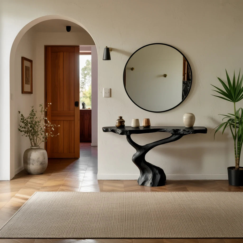 Live Edge Solid Wood Console Table with Sculptural Twisted Base
