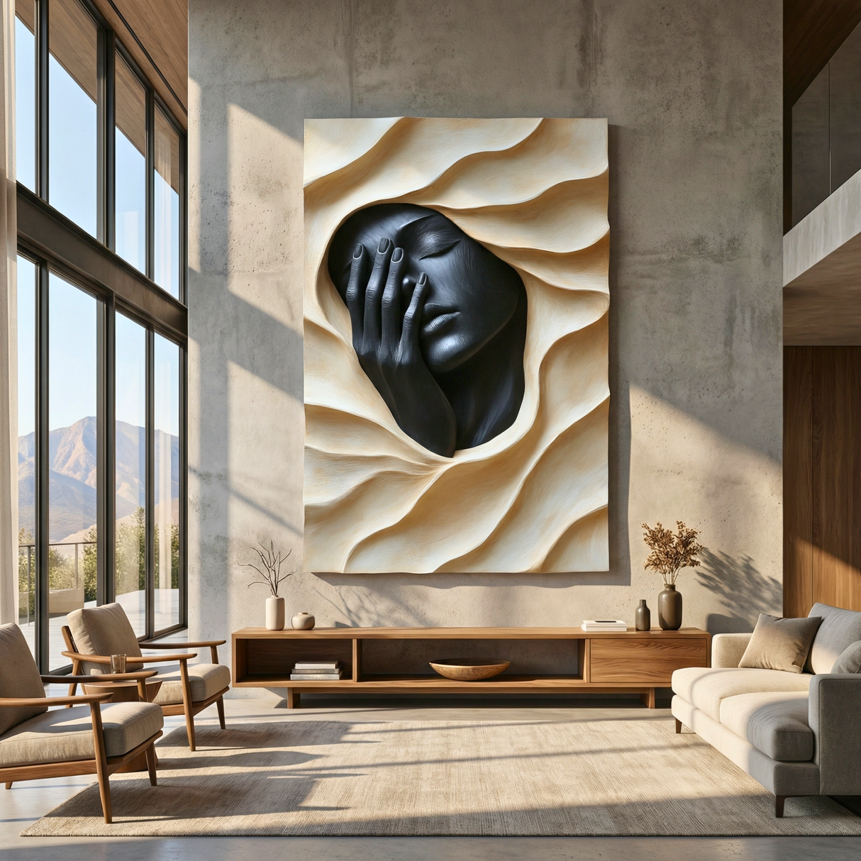 Handcrafted Solid Wood Wall Art Panel with Abstract Portrait Relief