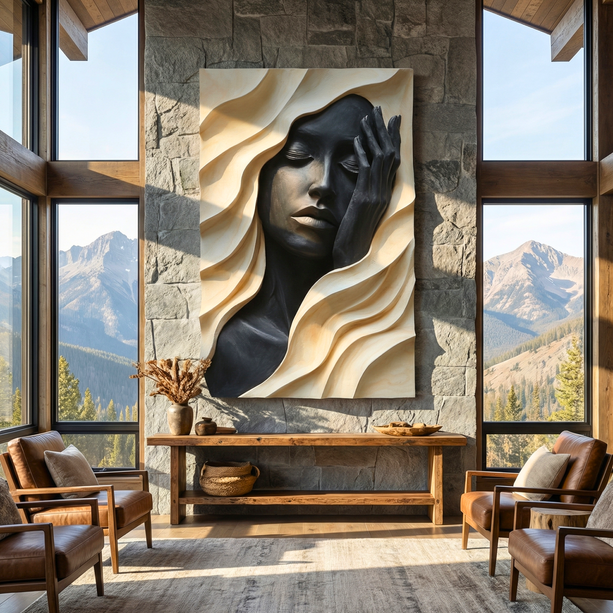 Handcrafted Solid Wood Wall Art with Abstract Female Portrait Relief