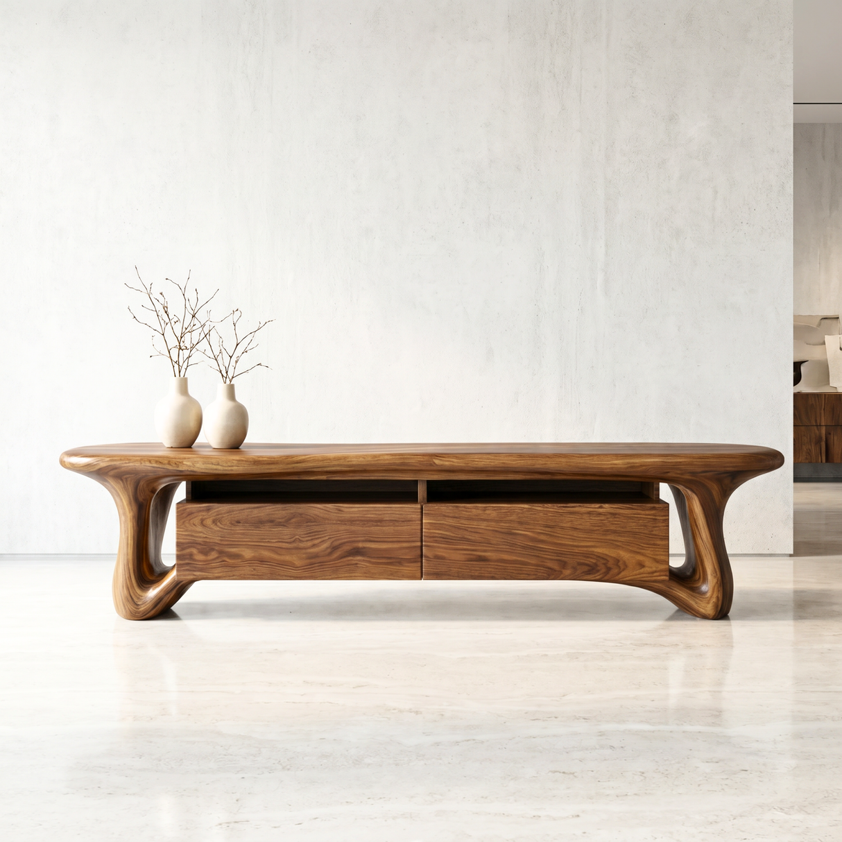 Organic Solid Wood TV Stand with Sculptural Loop Legs and Storage Drawers
