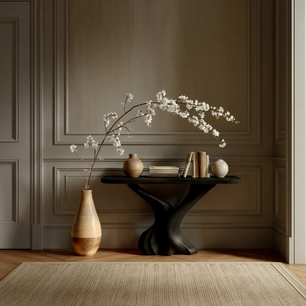 Modern Organic Solid Wood Console Table with Sculpted Wave Base