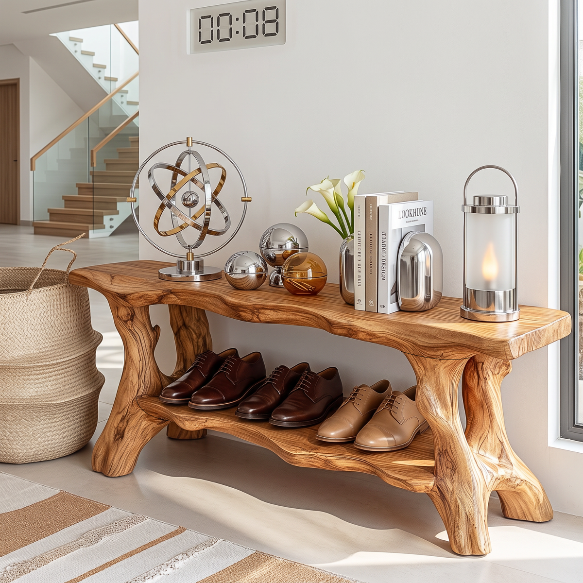 Organic Solid Wood Shoe Bench with Live Edge Seat and Open Storage Shelf