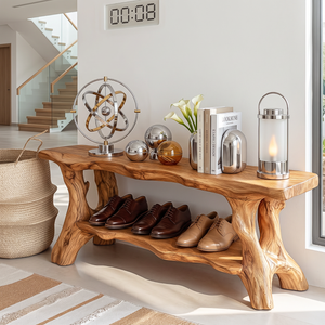 Organic Solid Wood Shoe Bench with Live Edge Seat and Open Storage Shelf