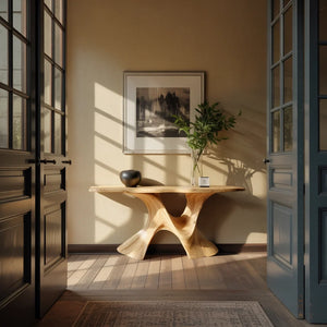 Luxury Sculptural Solid Wood Console Table with Artistic Double Pedestal Base