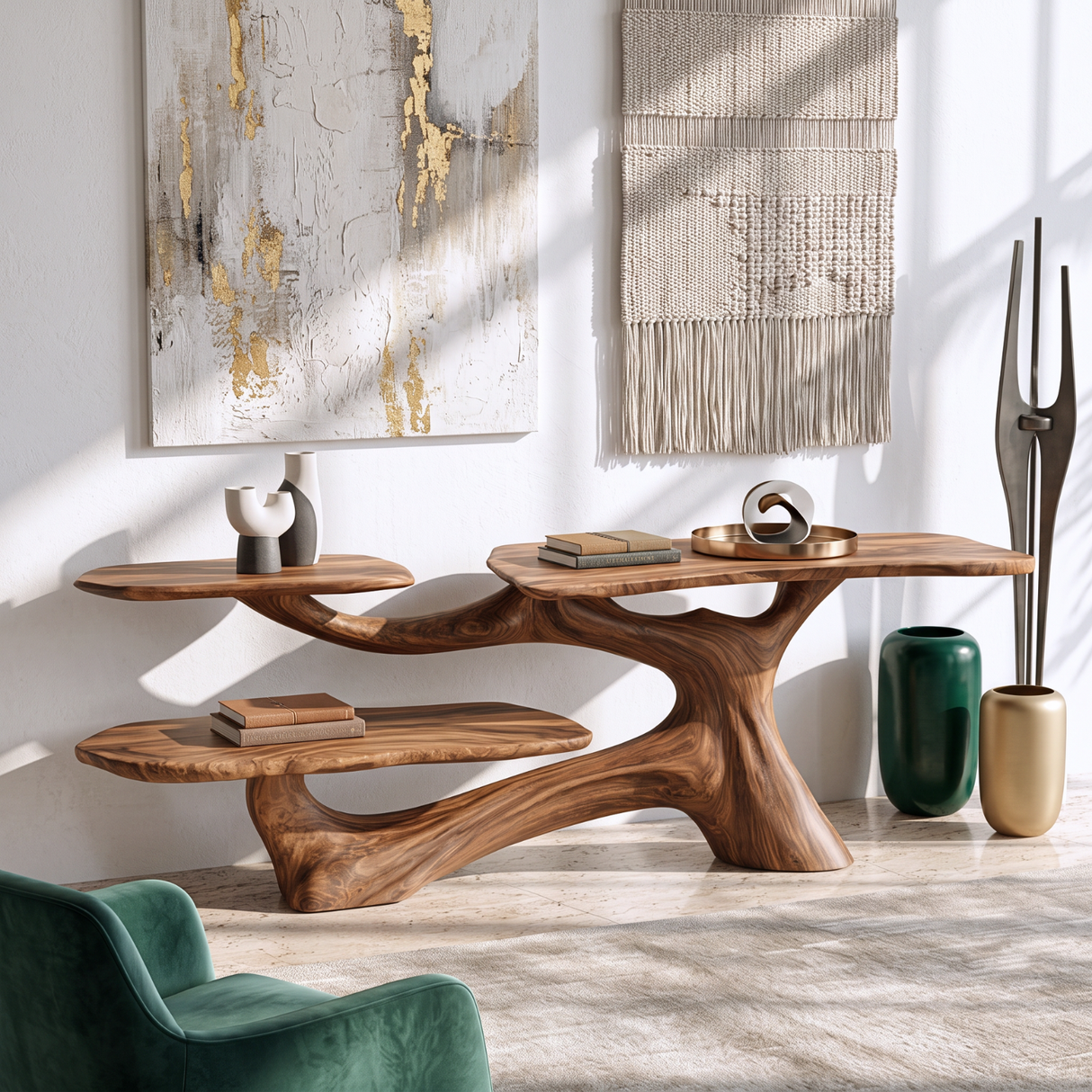 Console Table Solid Wood with Organic Multi Level Shelf Base for Entryway Decor