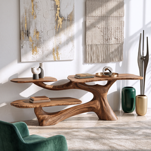 Console Table Solid Wood with Organic Multi Level Shelf Base for Entryway Decor