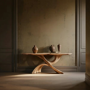 Contemporary Sculptural Solid Wood Console Table with Curved Arch Base