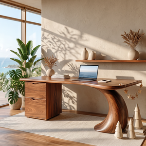 Organic Solid Wood Desk with Sculptural Curved Leg and Two Drawer Cabinet
