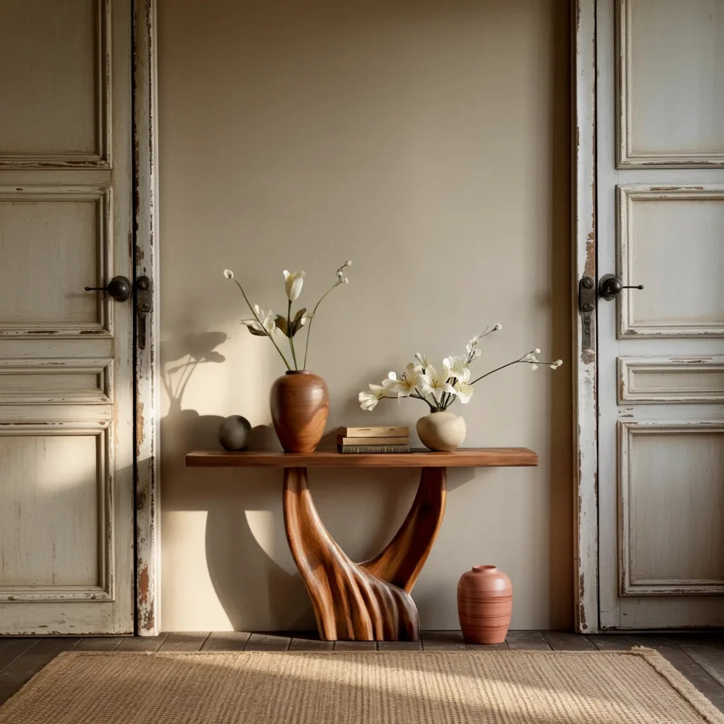 Modern Organic Solid Wood Console Table with Sculpted Flow Base