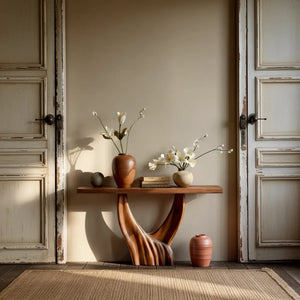 Modern Organic Solid Wood Console Table with Sculpted Flow Base