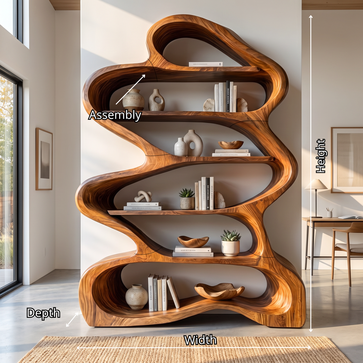 Bookshelf Solid Wood with Sculptural Layered Loop Frame and Open Display Shelves
