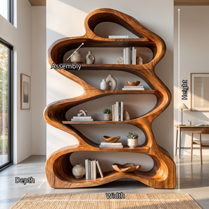 Bookshelf Solid Wood with Sculptural Layered Loop Frame and Open Display Shelves