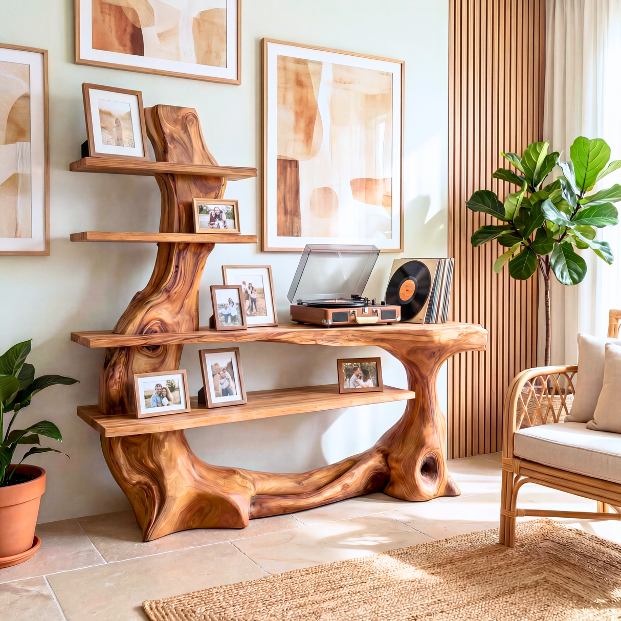 Organic Solid Wood Console Table with Sculptural Base and Open Tier Shelving Artistic Freeform Console Table