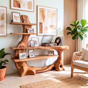 Organic Solid Wood Console Table with Sculptural Base and Open Tier Shelving Artistic Freeform Console Table