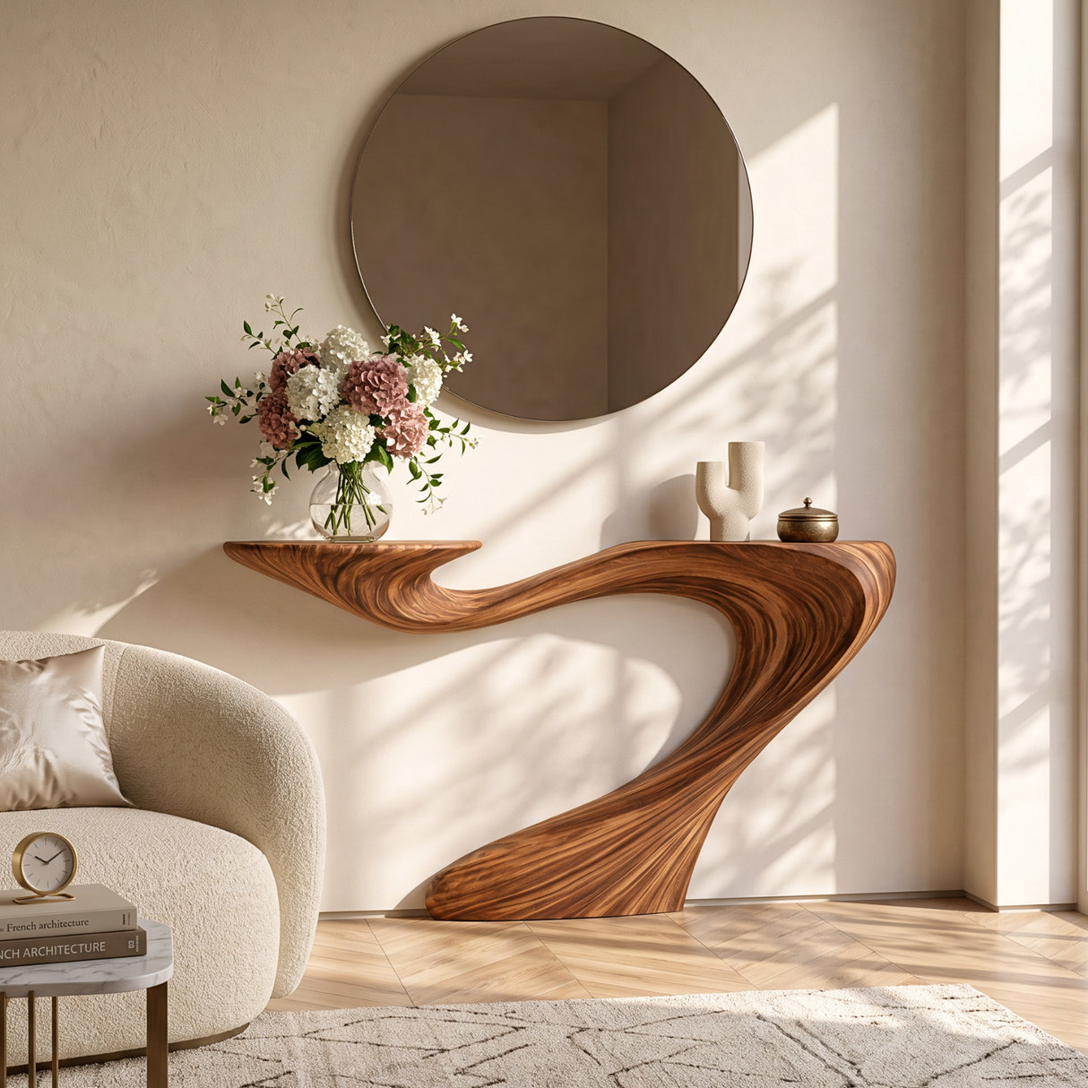 Solid Wood Console Table with Sculptural Sweeping Curve Base for Entryway Decor