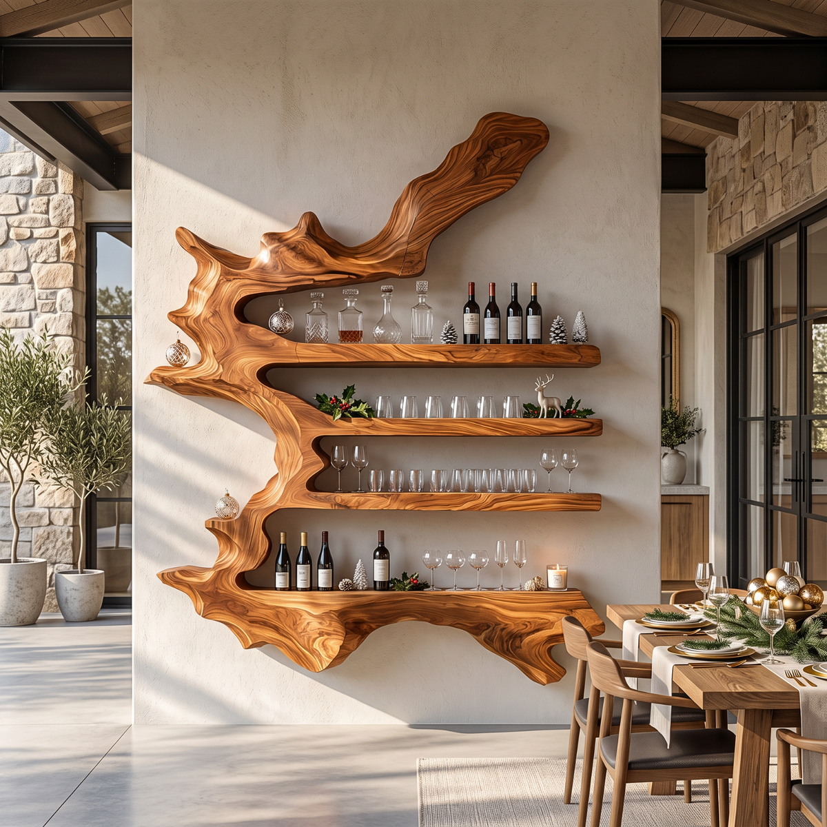 Branch Form Solid Wood Wall Wine Rack with Four Shelves