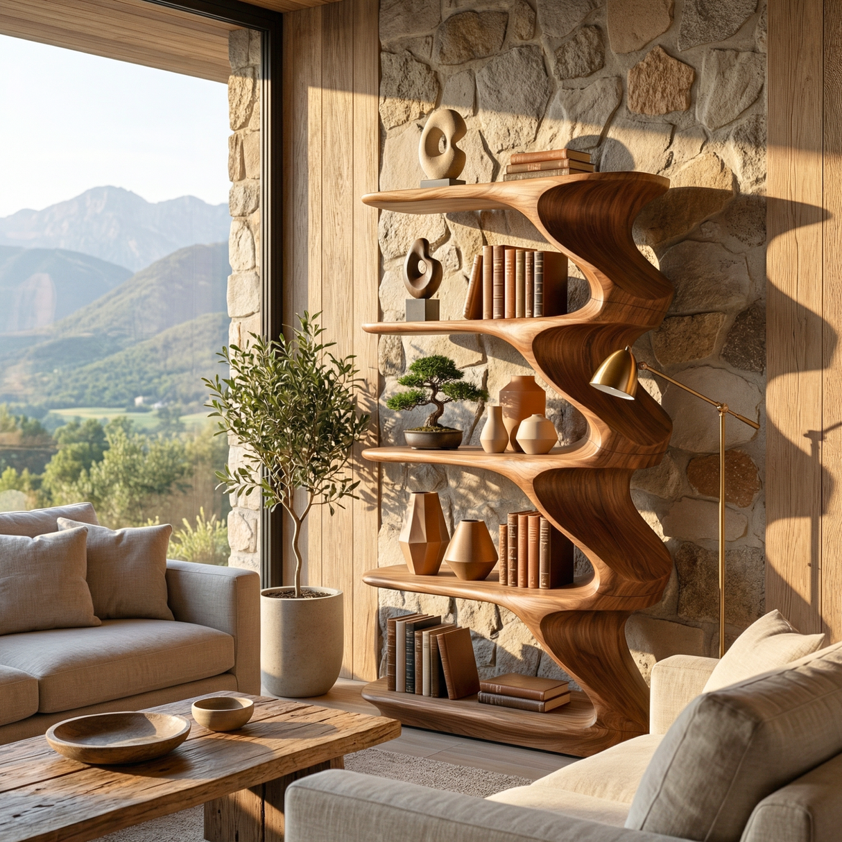 Solid Wood Sculptural Display Shelf with Flowing Curves for Organic Modern Interiors