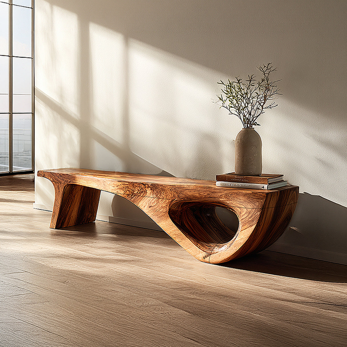 Natural Solid Wood Sculptural Bench for Modern Minimalist Interiors
