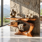 Sculptural Solid Wood Console Table with Open Shelf, Organic Modern Entryway Table