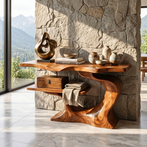 Sculptural Solid Wood Console Table with Open Shelf, Organic Modern Entryway Table