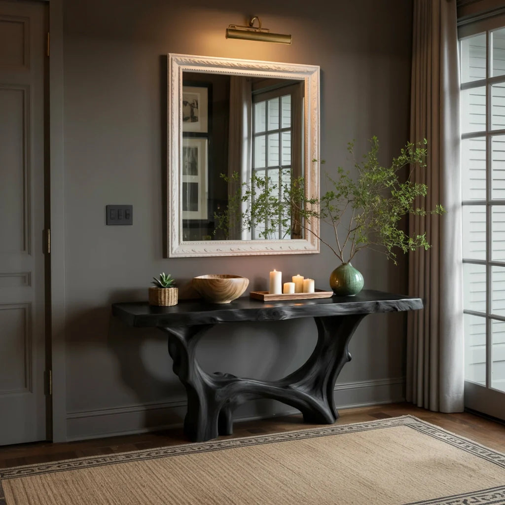 Modern Organic Live Edge Console Table with Sculpted Solid Wood Base