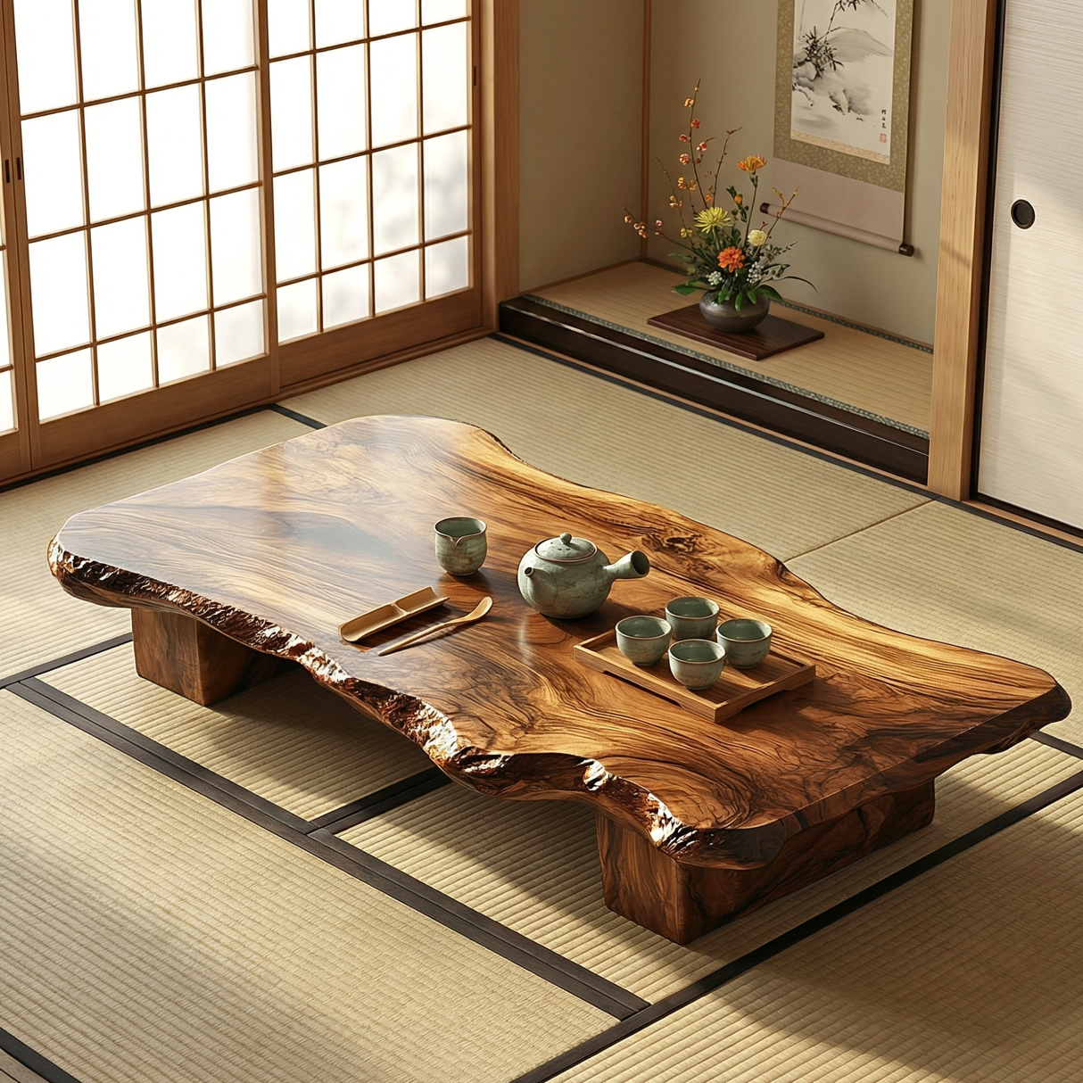 Solid Wood Live Edge Tea Table for Zen Tatami and Japandi Spaces