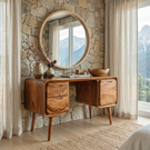 Rounded Solid Wood Vanity Table with Dual Side Drawers, Modern Dressing Table for Bedroom