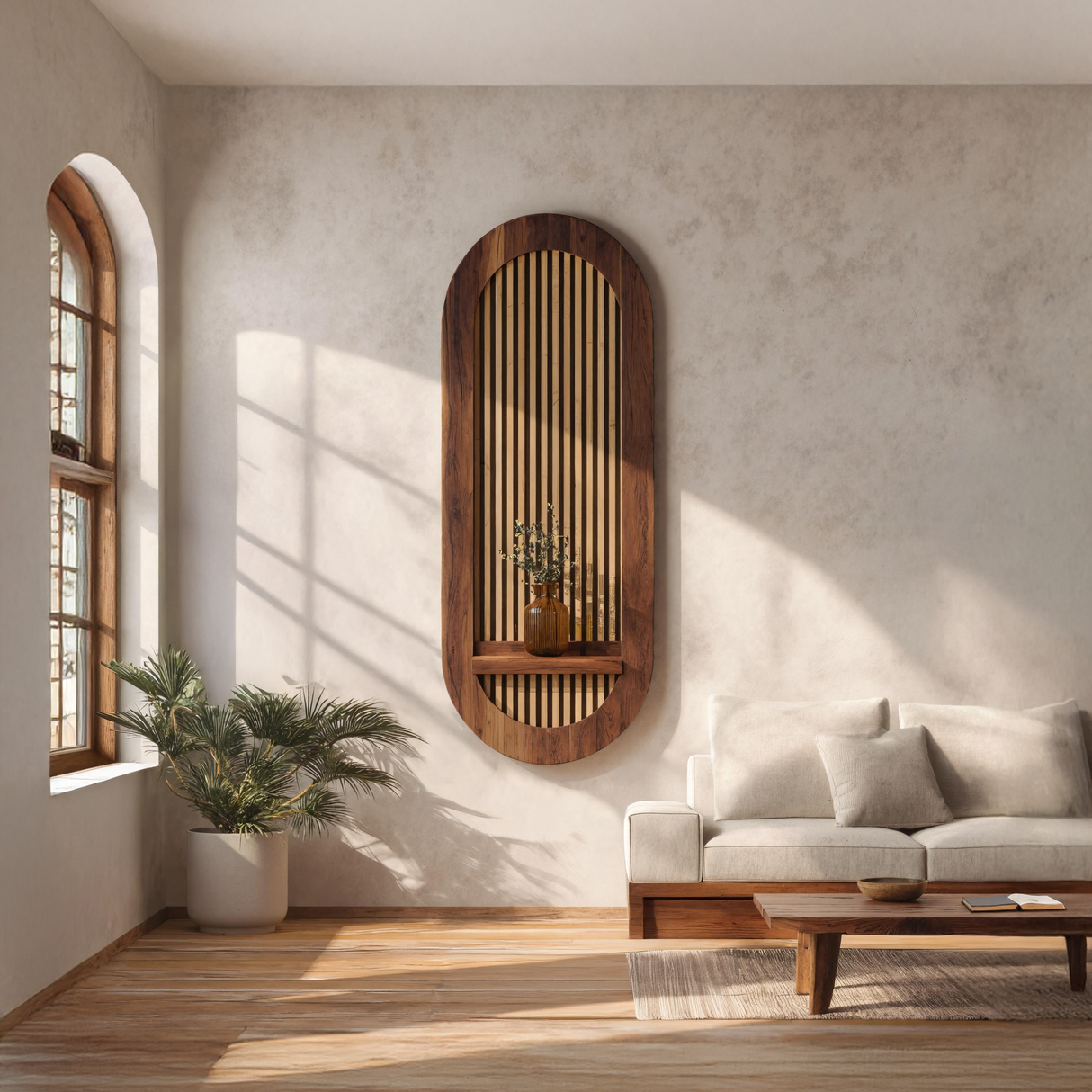 Arched Slatted Solid Wood Wall Panel with Floating Shelf