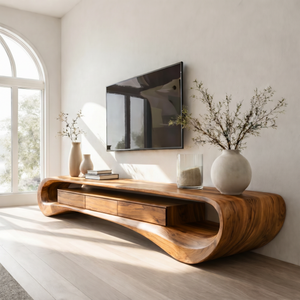 Organic Solid Wood TV Stand with Wave Frame and Storage Drawers