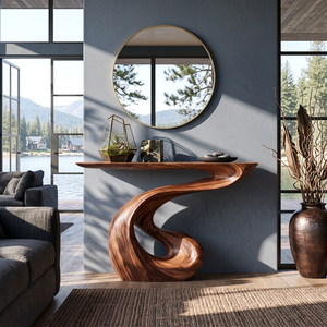 Organic Solid Wood Console Table with Sculptural S-Curve Base