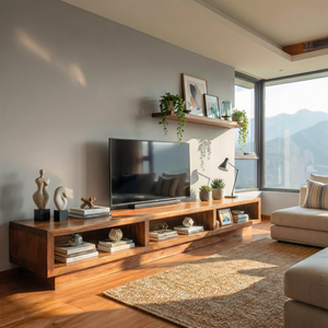 Solid Wood TV Cabinet with Open Display Shelves for Contemporary Living Rooms