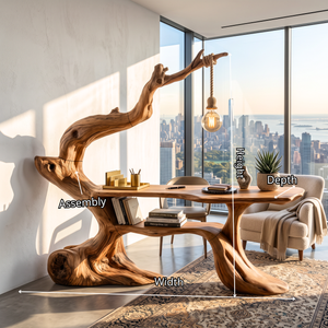 Handcrafted Sculptural Wood Desk with Hanging Light, Tree Inspired Writing Table, Artistic Statement Workspace