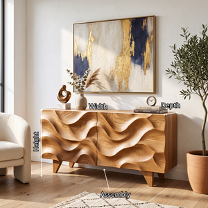 Sideboard Solid Wood with Sculptural Wave Carved Doors for Living Room Decor