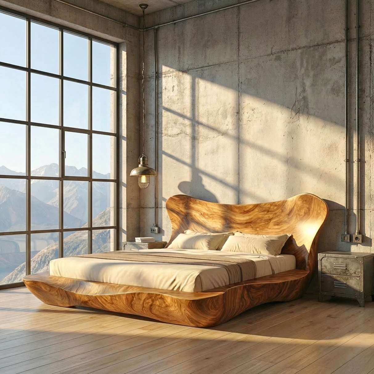 Sculptural Solid Wood Bed Frame with Curved Headboard for Modern Bedroom