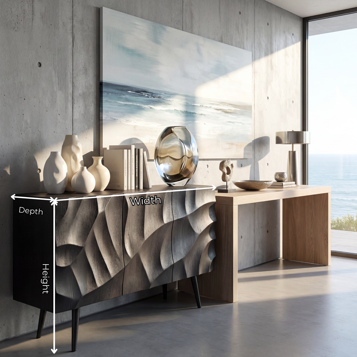 Black Sculpted Wave Front Sideboard for Modern Living and Dining