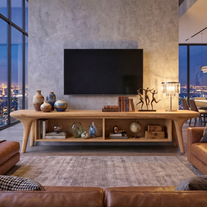 Solid Wood TV Cabinet with Open Shelving, Mediterranean Modern Media Console