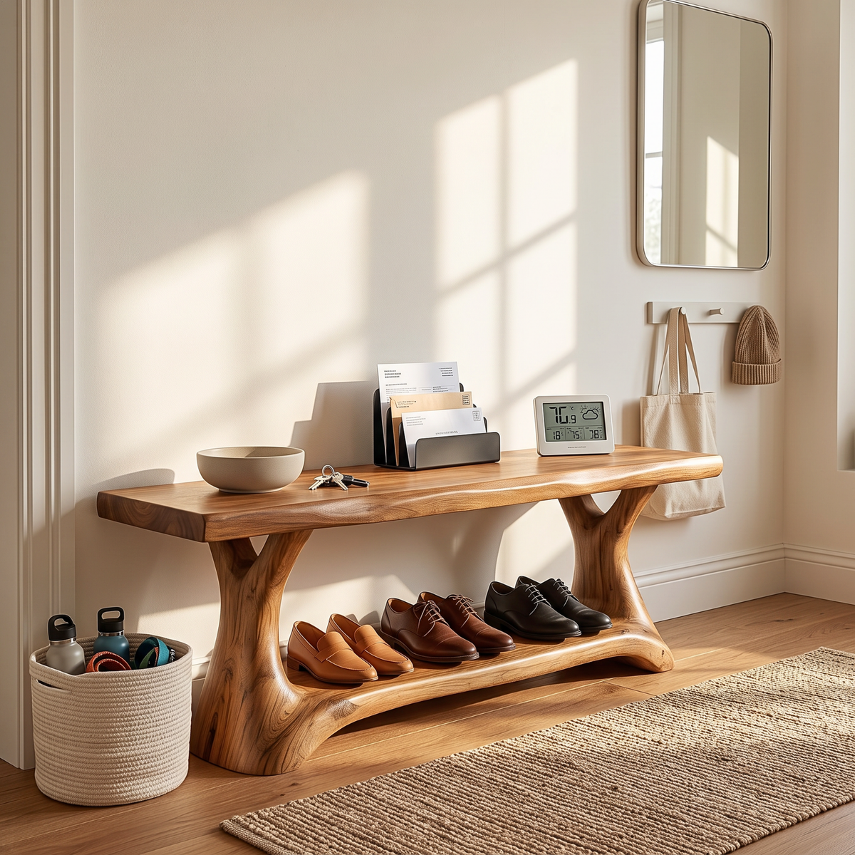Shoe Rack Solid Wood with Sculptural Branch Legs and Open Shelf
