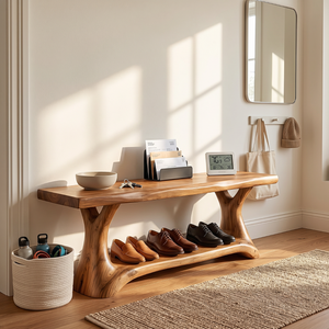 Shoe Rack Solid Wood with Sculptural Branch Legs and Open Shelf