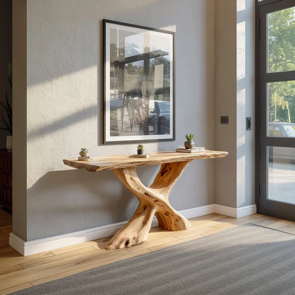 Live Edge Solid Wood Sofa Console Table with Sculptural Cross Base