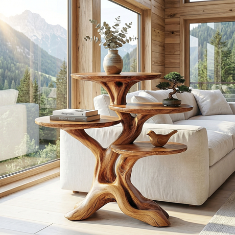 Branch Form Four Tier Wood Accent Table with Sculptural Root Base