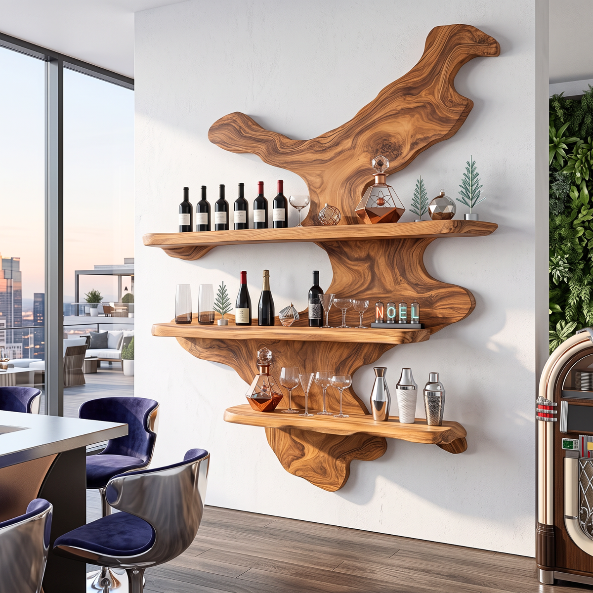 Organic Solid Wood Wine Rack with Floating Display Shelves and Sculptural Wall Form