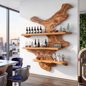 Organic Solid Wood Wine Rack with Floating Display Shelves and Sculptural Wall Form