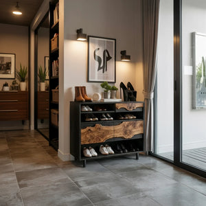 Modern Live Edge Wood Shoe Cabinet with Open Shelf Storage